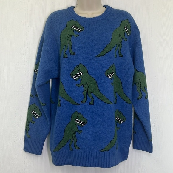 Forever 21 - Green T Rex Graphic Blue Crewneck Long Sleeve Sweater Size Small - Picture 2 of 10